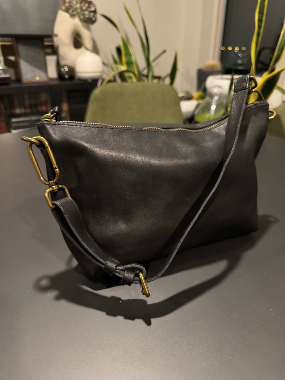 Minimalist Black Leather Crossbody Bag with Brass-Tone Hardware